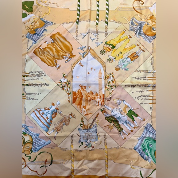 HERMES Vintage Rare Luxury Mandolin Jacquard Silk 90 Scarf “Le Carnaval Venise” - Picture 6 of 16